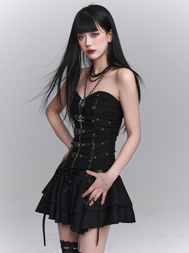 Black Criss-Cross PU Straps Front Zipper and Buckles Placket Studded Strapless Top