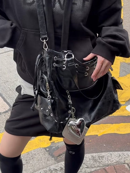 Black Studded Soft Tote Bag With Large Capacity&Adjustable Straps