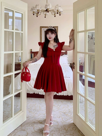 Plus Size V-neck Flutter Sleeves Big Bow Front Red Dress