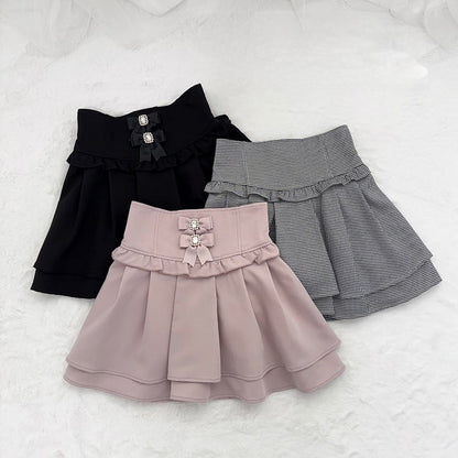 Dusty Pink Jirai Kei Corset Waist Double-Layered Skirt with Detachable Bowknots