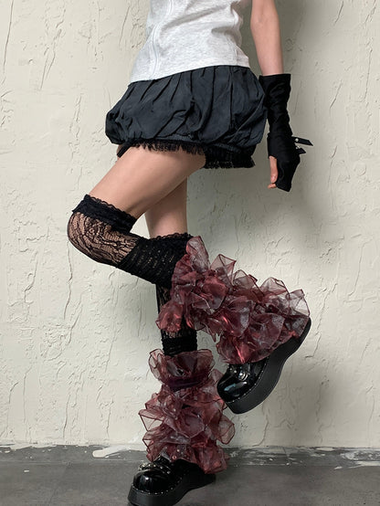 Black&Red Y2K Multi-layered Lace Trim Leg Sleeves