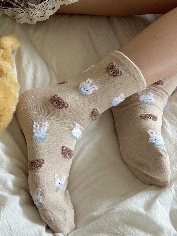 Milk White/Light Pink/Light Coffee/Black Sweet Bunny Bear Bowknot Calf Socks