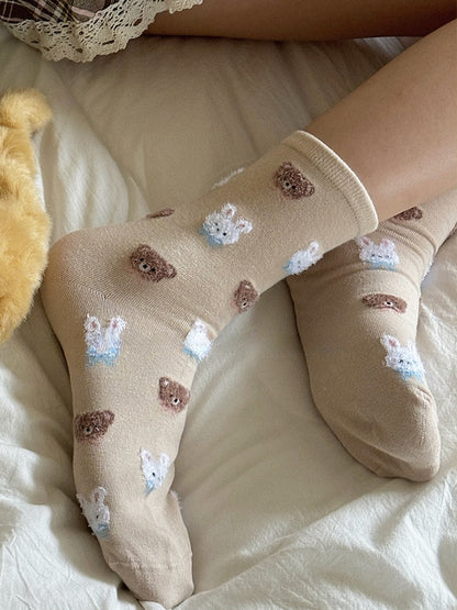 Milk White/Light Pink/Light Coffee/Black Sweet Bunny Bear Bowknot Calf Socks