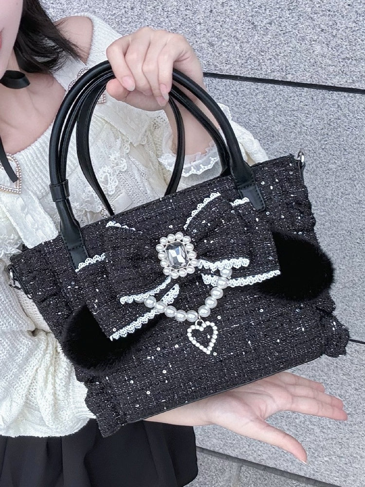Elegant Black Ruffled-Edge Lolita Bag - Detachable Beaded Chain & Rhinestone Decor Bow Embellishment with Plush Bunny Ear