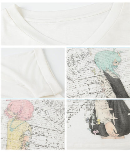 Green/Pink Anime Girl Print V-neck T-shirt