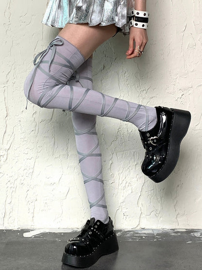 White/Black/Gray Crisscross Self-tie Straps Overknee Stockings