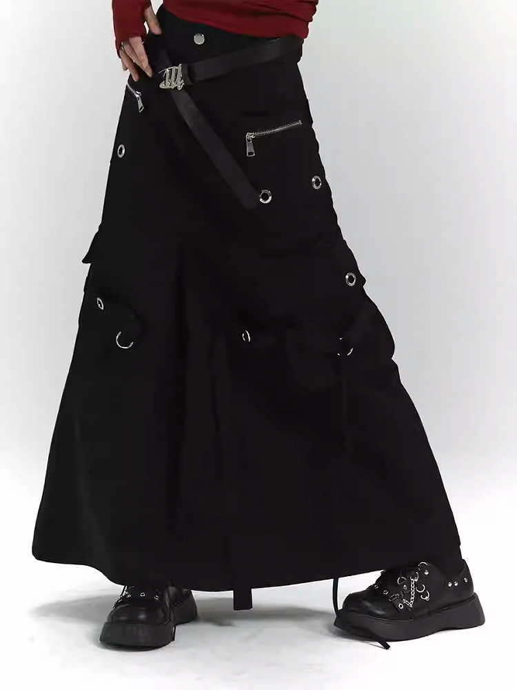 Black Zipper and Ring Detail Cargo Pockets Loose Skirt