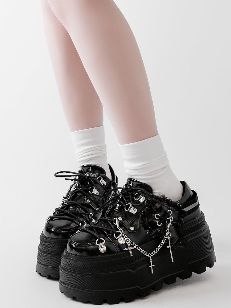 Black Punk Front Lace-up Ties Design Platform Shoes With Detachable Cross Charm Chain