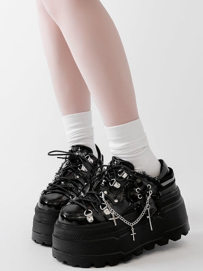 Black Punk Front Lace-up Ties Design Platform Shoes With Detachable Cross Charm Chain