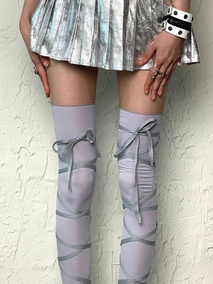 White/Black/Gray Crisscross Self-tie Straps Overknee Stockings