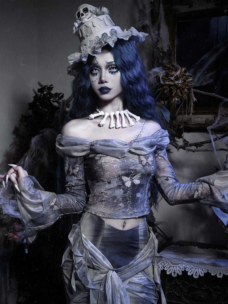 Off-the-shoulder Neckline Butterfly Print Dusty Blue Long Sleeves Top Corpse Bride Vibes