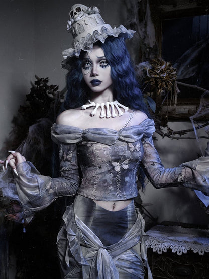 Off-the-shoulder Neckline Butterfly Print Dusty Blue Long Sleeves Top Corpse Bride Vibes