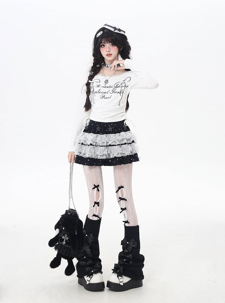 Sweet Bowknot Print Lace Trim Drawstring Waist White/Black Top