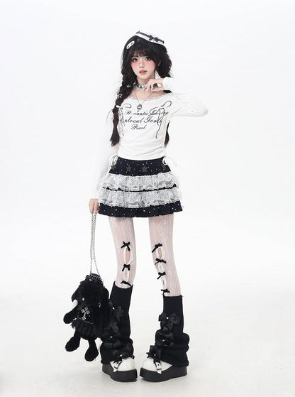 Sweet Bowknot Print Lace Trim Drawstring Waist White/Black Top