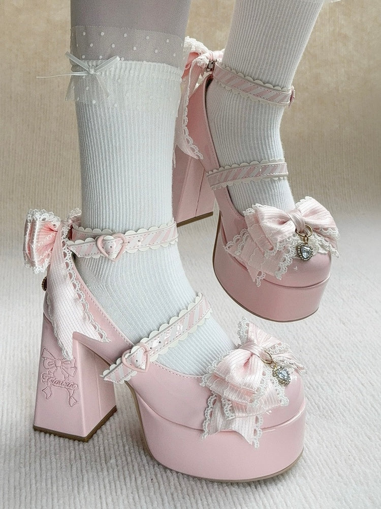 Pink Elegant Lolita High Block Heel Mary Janes with Bow Embroidery, Crystal Elements & Striped Fasteners