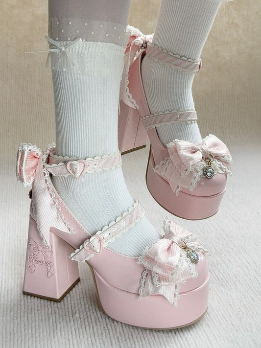 Pink Elegant Lolita High Block Heel Mary Janes with Bow Embroidery, Crystal Elements & Striped Fasteners