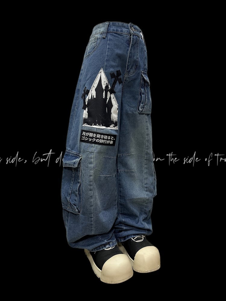Blue Y2K Letter Applique Cargo Pockets Decorated Wide-leg Cut Jeans