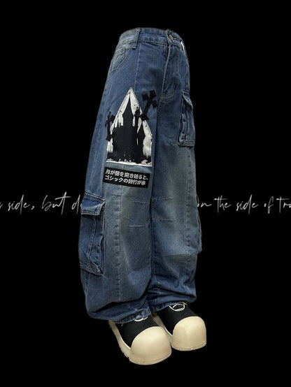 Blue Y2K Letter Applique Cargo Pockets Decorated Wide-leg Cut Jeans