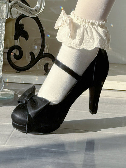 Black Elegant Lolita High Heels - Bow at Top & Rhinestone Heart Buckle