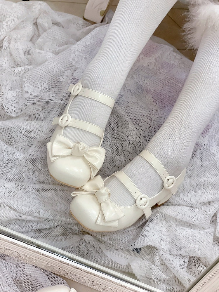 Bow Accents Sweet White Buckle Straps Shoes Princess Low Heels