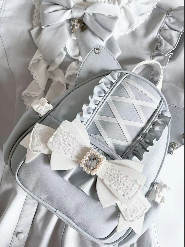 Jirai Kei Light Blue Cat Ear Backpack With Beaded and Rhinestone Bow
