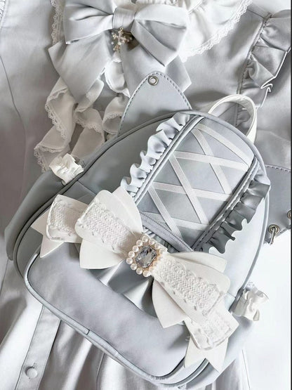 Jirai Kei Light Blue Cat Ear Backpack With Beaded and Rhinestone Bow