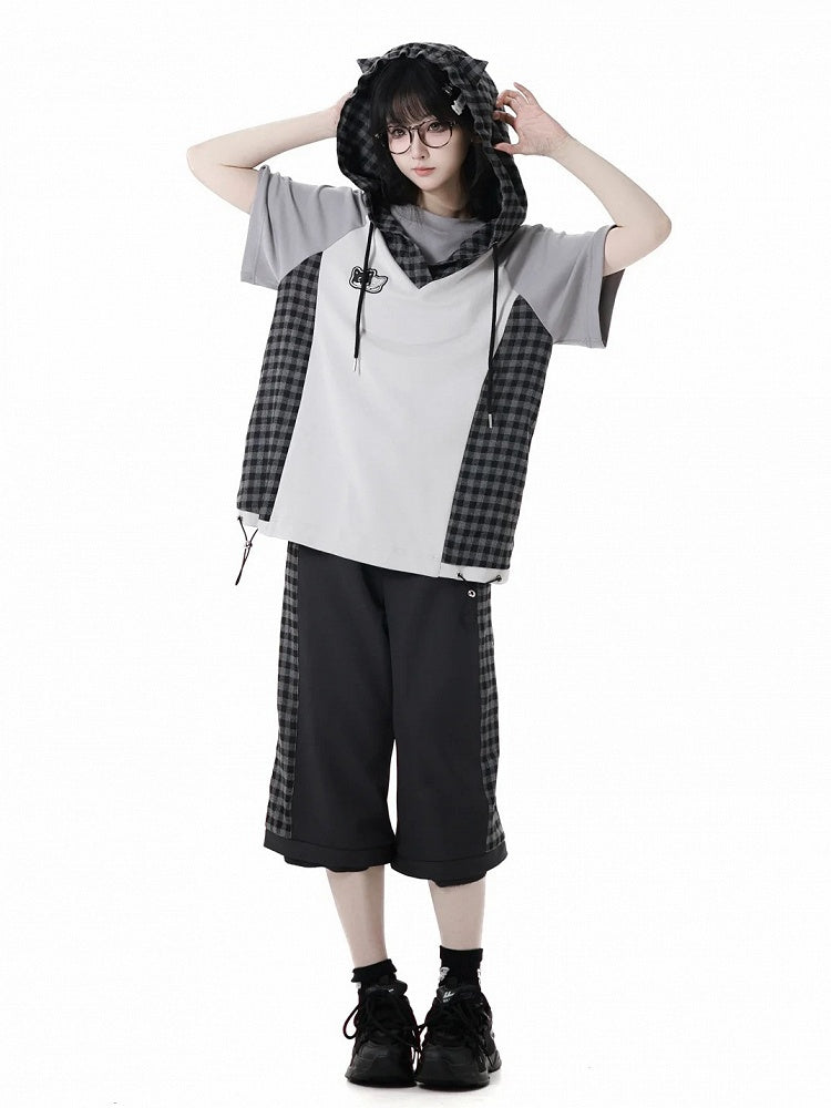 Clearance-Size M for Waist 66CM Black Plaid Zip Cuffs Techwear Two Ways Wear Pants/Shorts with Snap Belt
