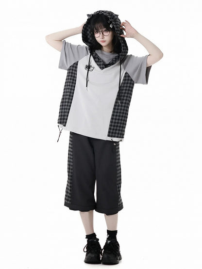 Clearance-Size M for Waist 66CM Black Plaid Zip Cuffs Techwear Two Ways Wear Pants/Shorts with Snap Belt
