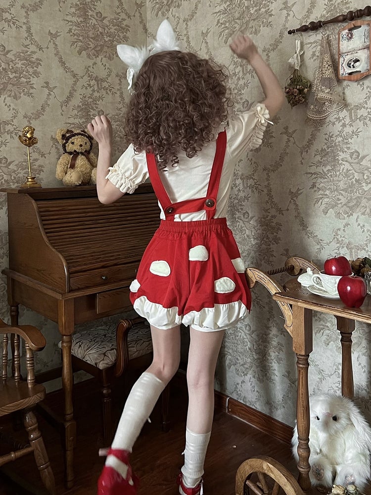 Fleece White Spot Applique Red Sweet Lolita Mushroom Bubble Short with Detachable Straps