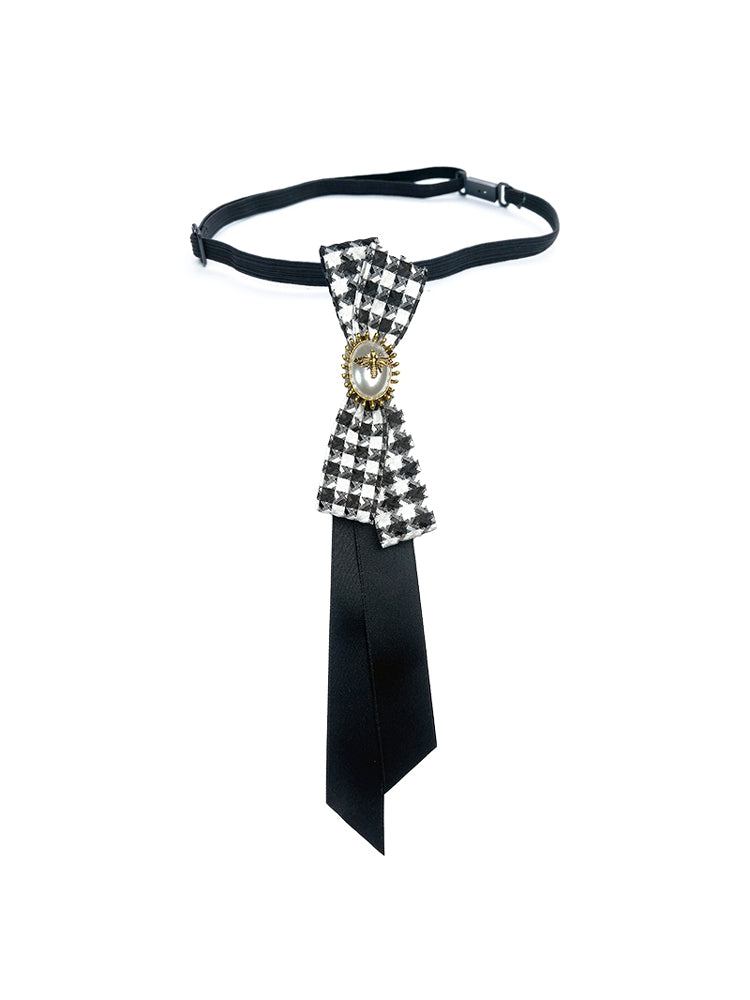 Black Bee And Beaded Decorated Houndstooth Pattern Bowknot Design Neck Tie