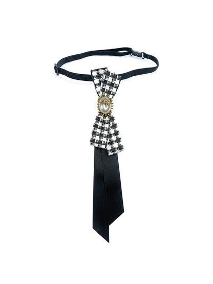 Black Bee And Beaded Decorated Houndstooth Pattern Bowknot Design Neck Tie
