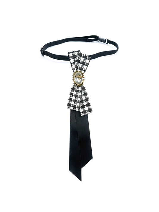 Black Bee And Beaded Decorated Houndstooth Pattern Bowknot Design Neck Tie