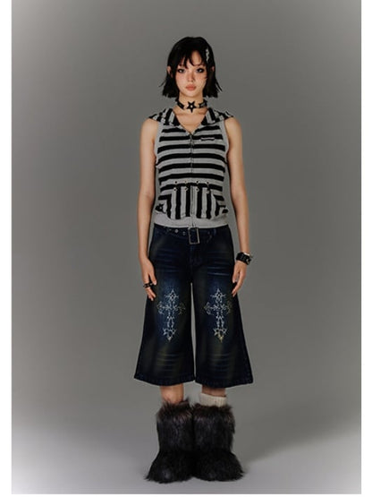 Blue Cross Print Faded Wash Glamorous Distressed Jeans with Buckle Belt