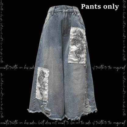 Dragon Applique Raw Hem Distressed Holes Light Blue Wide-leg Jeans
