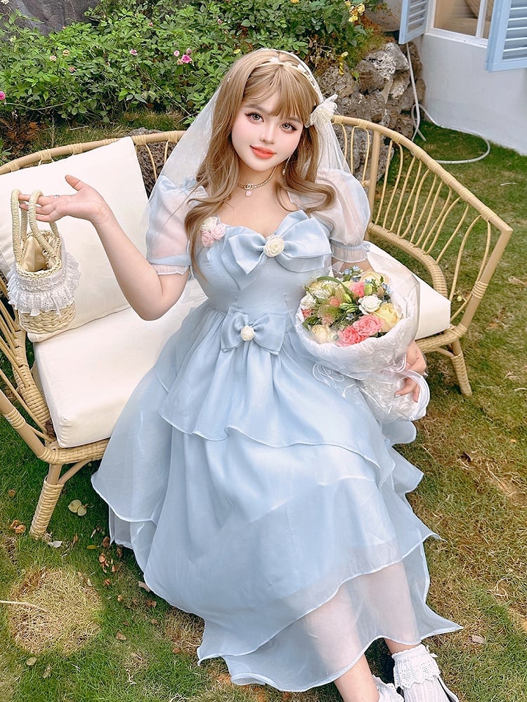 Plus Size Bowknot Details Light Blue Puff Sleeves Princess Dress Long Version