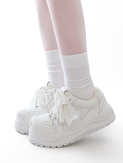 White Anchor And Fish Bone Decorated Front Lace-up Ties Platform Sneakers