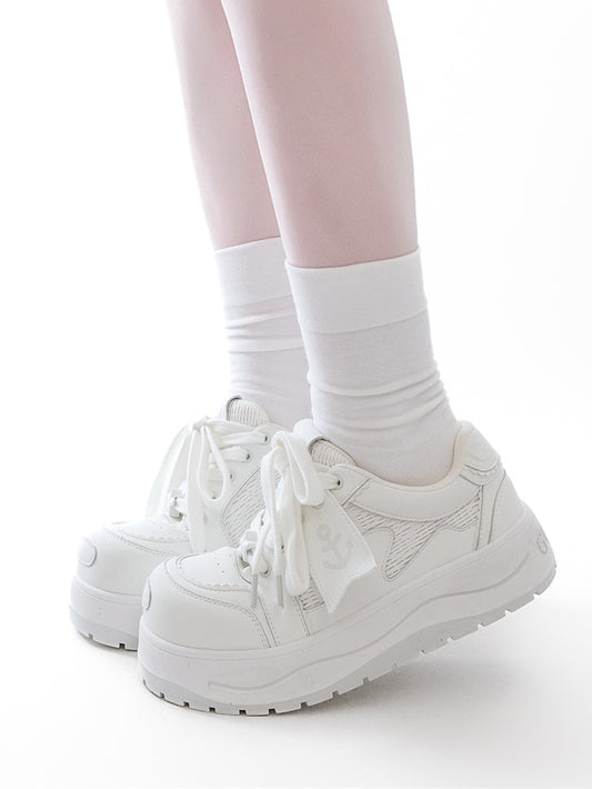 White Anchor And Fish Bone Decorated Front Lace-up Ties Platform Sneakers