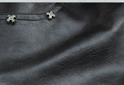 Lace-up Detail Leopard Pattern Design Black Punk PU Shorts