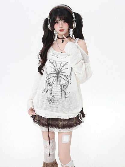 Butterfly Print Cutout Shoulder Lace Trim Black/Beige Knit Coverup