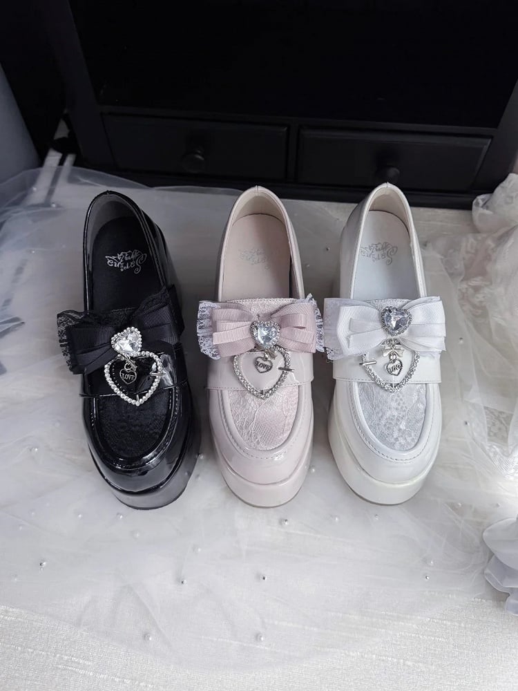 Jirai Kei Dusty Pink Platform Shoes: 9.5cm Block Heel with Top Bow & Heart Rhinestone