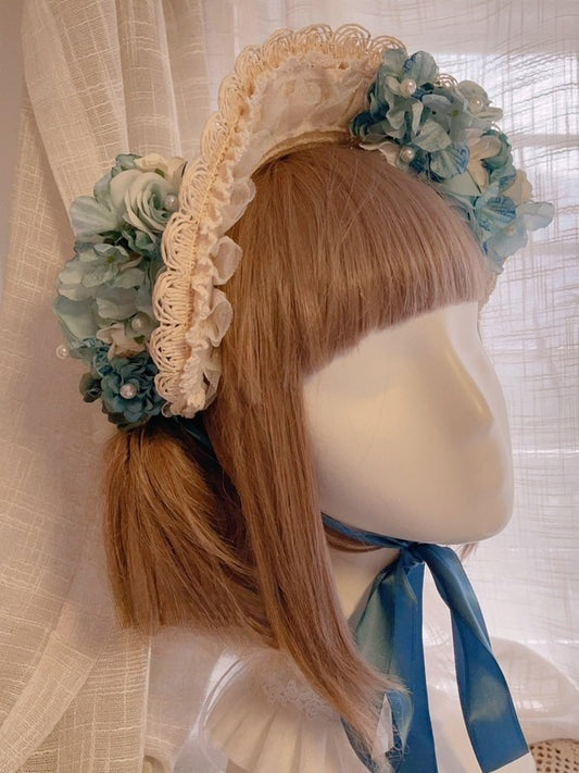 Light Blue Beaded And Bowknot Decorated Floral Design Lace Trim Bonnet