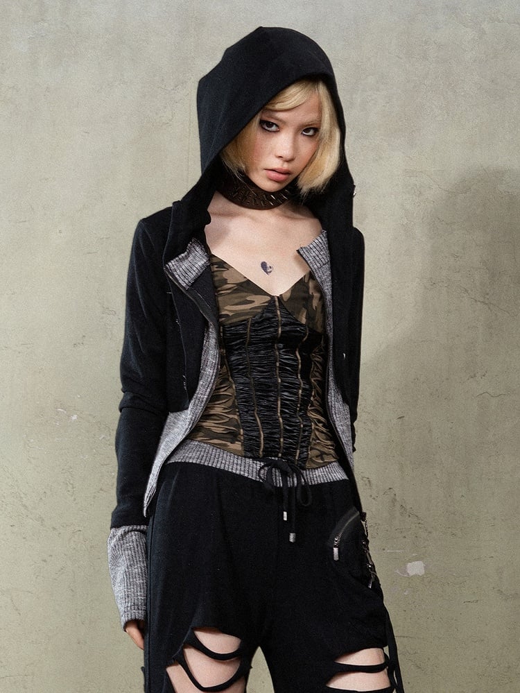 Black Punk Y2K Totem Rhinestone Hoodie Jacket with Gray Knit Hem & Cuffs