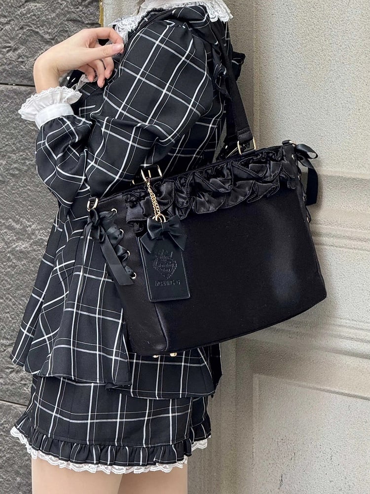 Black Satin Ruffle Trims Self-tie Straps Ita Bag With Bow Card Holder