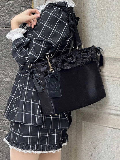 Black Satin Ruffle Trims Self-tie Straps Ita Bag With Bow Card Holder