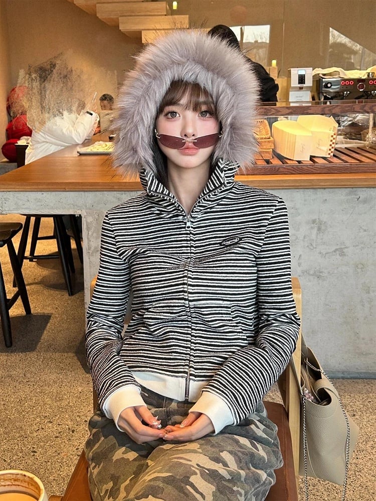 Black & White Striped Hoodie with Plush Fur Hood