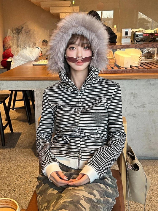 Black & White Striped Hoodie with Plush Fur Hood