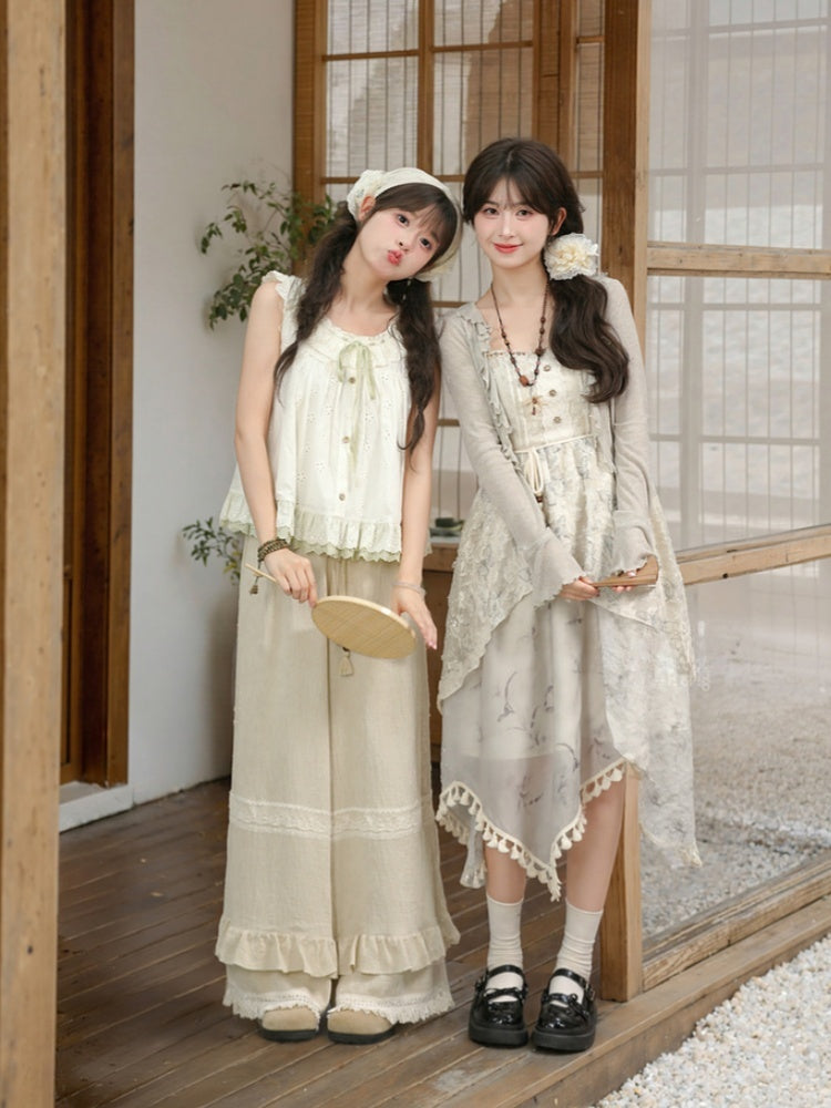 Cheongsam Style Gray Jacquard Asymmetrical Tassel Hem Mori Kei Slip Dress