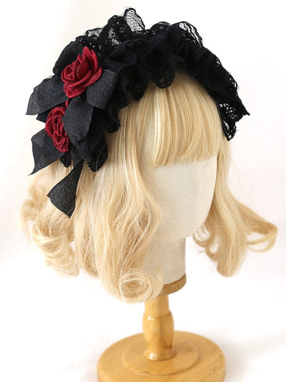 Rosette Design Gothic Black and Red Lace Bowknot KC