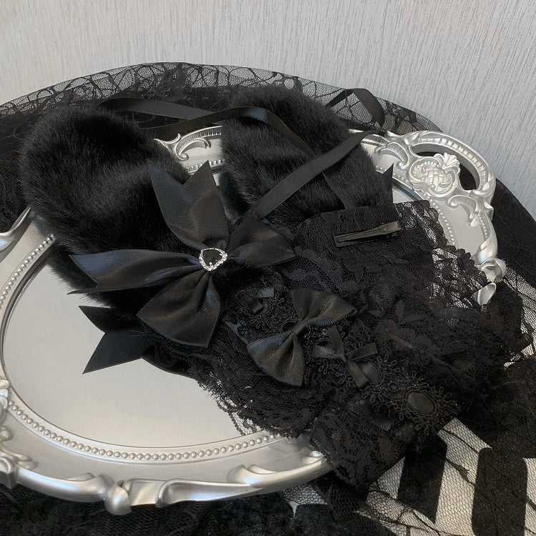 Black/White Rhinestone Heart Decorated Bowknot Details Ruffled Plush Bunny Ear Hairband