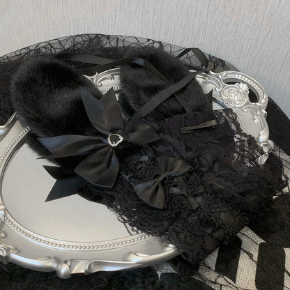 Black/White Rhinestone Heart Decorated Bowknot Details Ruffled Plush Bunny Ear Hairband